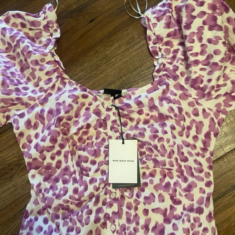 NWT leopard Linen Blend Puff Short Sleeve Dress Who What Wear Medium Midi purple - Picture 2 of 6